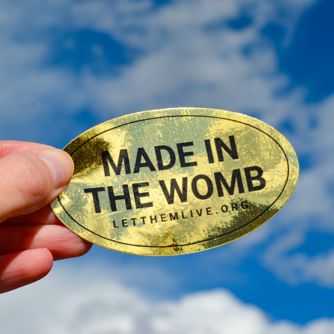 Gold oval sticker with 'MADE IN THE WOMB' text held against a blue sky.